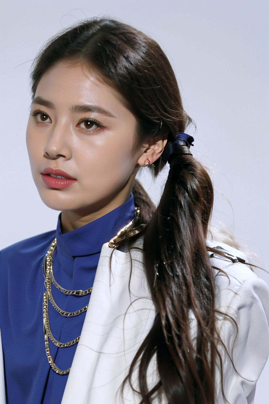  (masterpiece:1.3), (the best quality:1.2), (super fine illustrations:1.2), (Masterpiece), high quality, high detail,((white background:1.2)), looking at viewer, (SOLO:1.4),outline,,simple background,cross necklace, jacket, choker,earrings,chain-link,jewelry,blue jacket,blue coat,uniform,white footwear,necklace,boots,blue skirt,white gloves