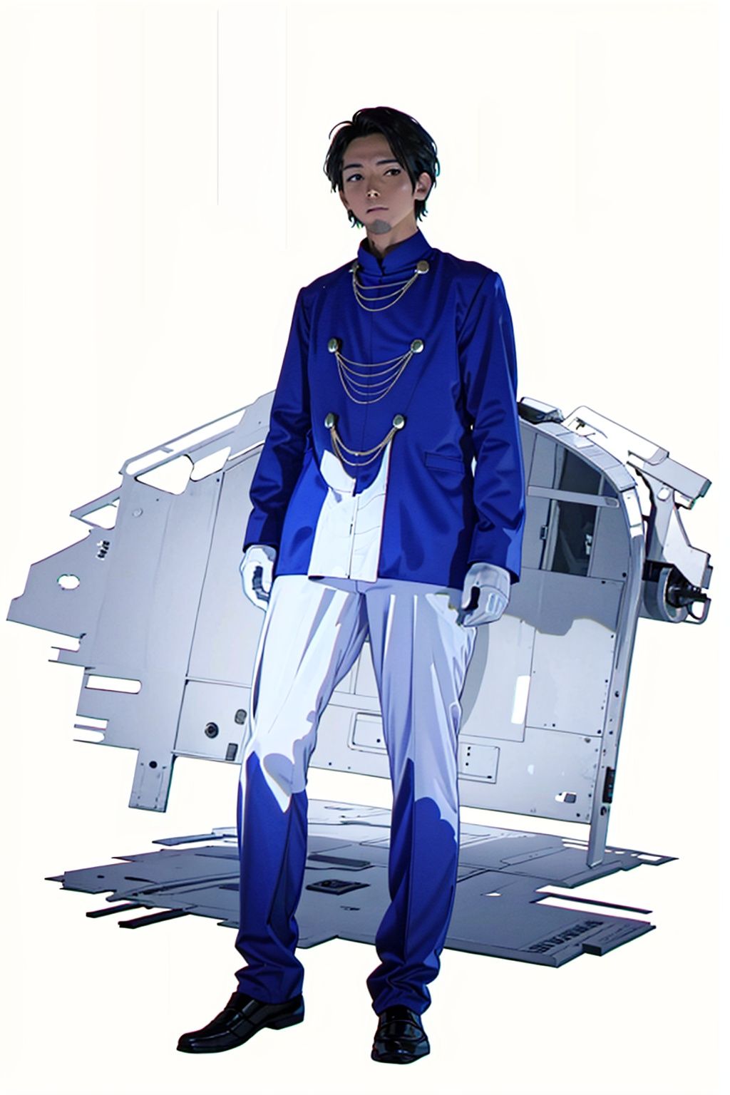  (masterpiece:1.3), (the best quality:1.2), (super fine illustrations:1.2), (Masterpiece), high quality, high detail,((white background:1.2)), looking at viewer, (SOLO:1.4),outline,,simple background,pants, jacket,military uniform,chain-link,jewelry,blue jacket,blue coat,uniform,necklace,white gloves