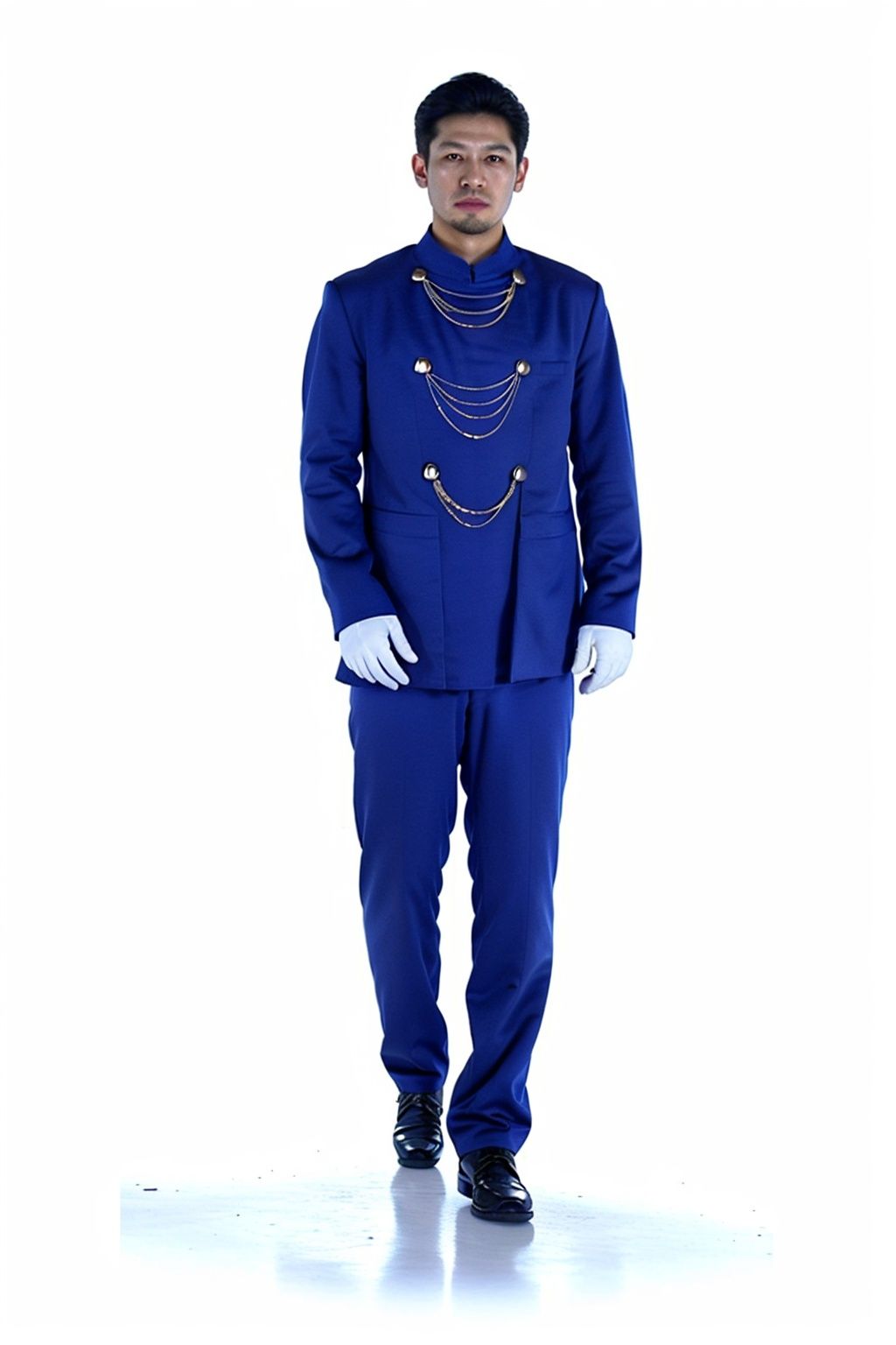  (masterpiece:1.3), (the best quality:1.2), (super fine illustrations:1.2), (Masterpiece), high quality, high detail,((white background:1.2)), looking at viewer, (SOLO:1.4),outline,,simple background,pants, jacket,military uniform,chain-link,jewelry,blue jacket,blue coat,uniform,necklace,white gloves
