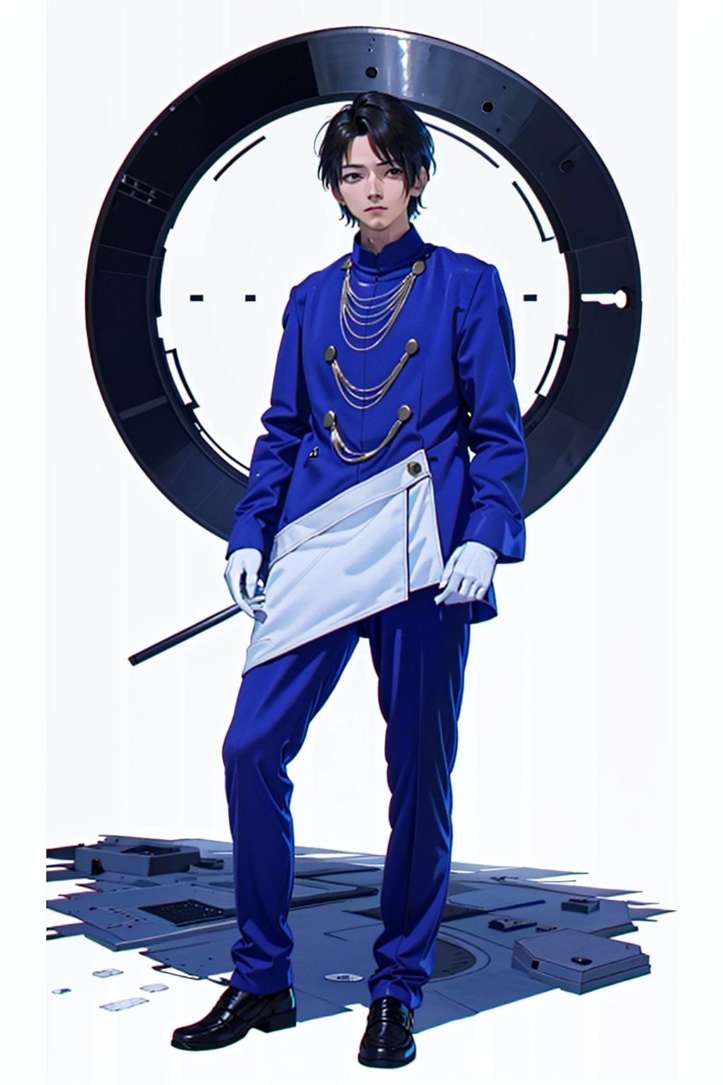  (masterpiece:1.3), (the best quality:1.2), (super fine illustrations:1.2), (Masterpiece), high quality, high detail,((white background:1.2)), looking at viewer, (SOLO:1.4),outline,,simple background,pants, jacket,military uniform,chain-link,jewelry,blue jacket,blue coat,uniform,necklace,white gloves