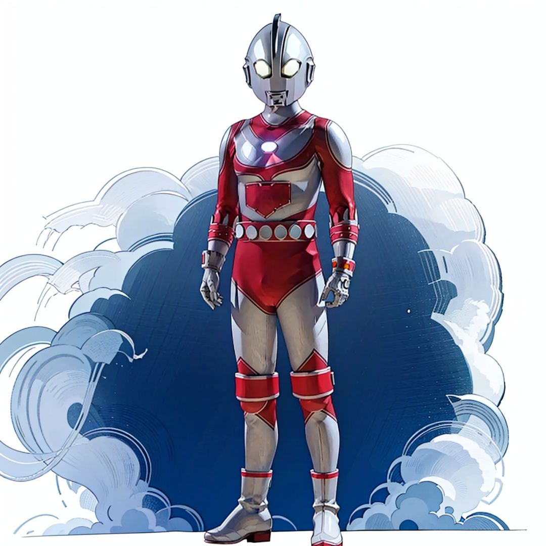 mecha,belt,white bodysuit,white gloves,legwear,gloves,boots,logo,cover,mask,plugsuit,gem,bodysuit,red pattern on body,white tight-fitting,white footwear,helmet,leather suit,ultraman,latex,(masterpiece:1.3), (the best quality:1.2), (super fine illustrations:1.2), (Masterpiece), high quality, high detail, ((white background:1.2)), looking at viewer, (SOLO:1.4), outline, , simple background