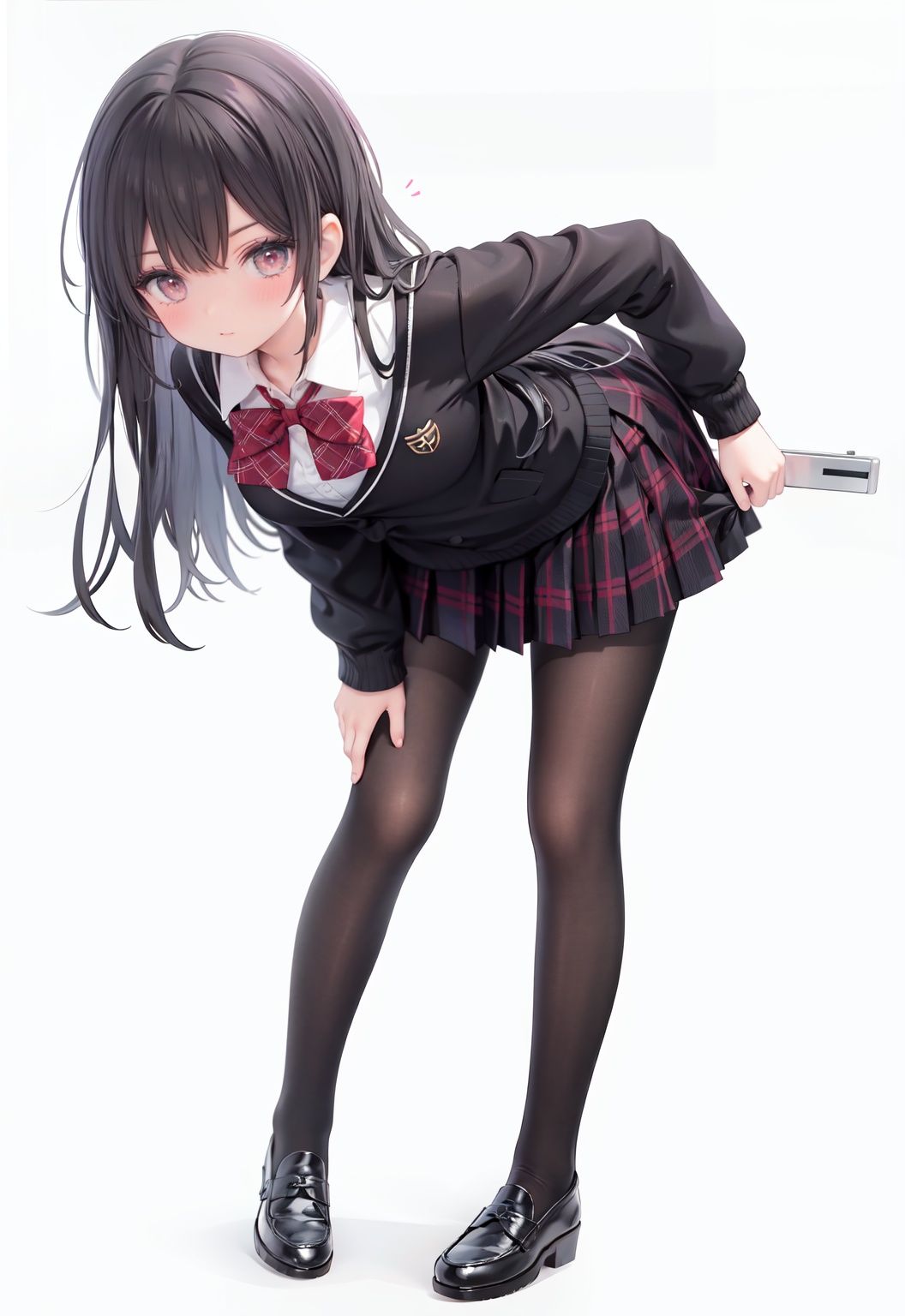  1girl, solo, pantyhose, skirt, long hair, loafers, shoes, simple background, school uniform, brown eyes, plaid, black pantyhose, plaid skirt, looking at viewer, black hair, pantyhose pull, full body, clothes pull, black footwear, pleated skirt, leaning forward, bangs, long sleeves, bent over, cardigan, bow, bowtie, standing, closed mouth, pulled by self, grey background, blush, miniskirt, red bow, sweater, **********
