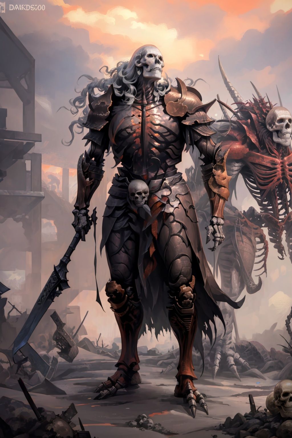  (masterpiece, best quality, high quality, real, realistic, super detailed,full detail,4k,8k),
NYDarkHalloween, armor, skeleton, monster, undead, 1boy, weapon, standing, skull, long hair, male focus, holding