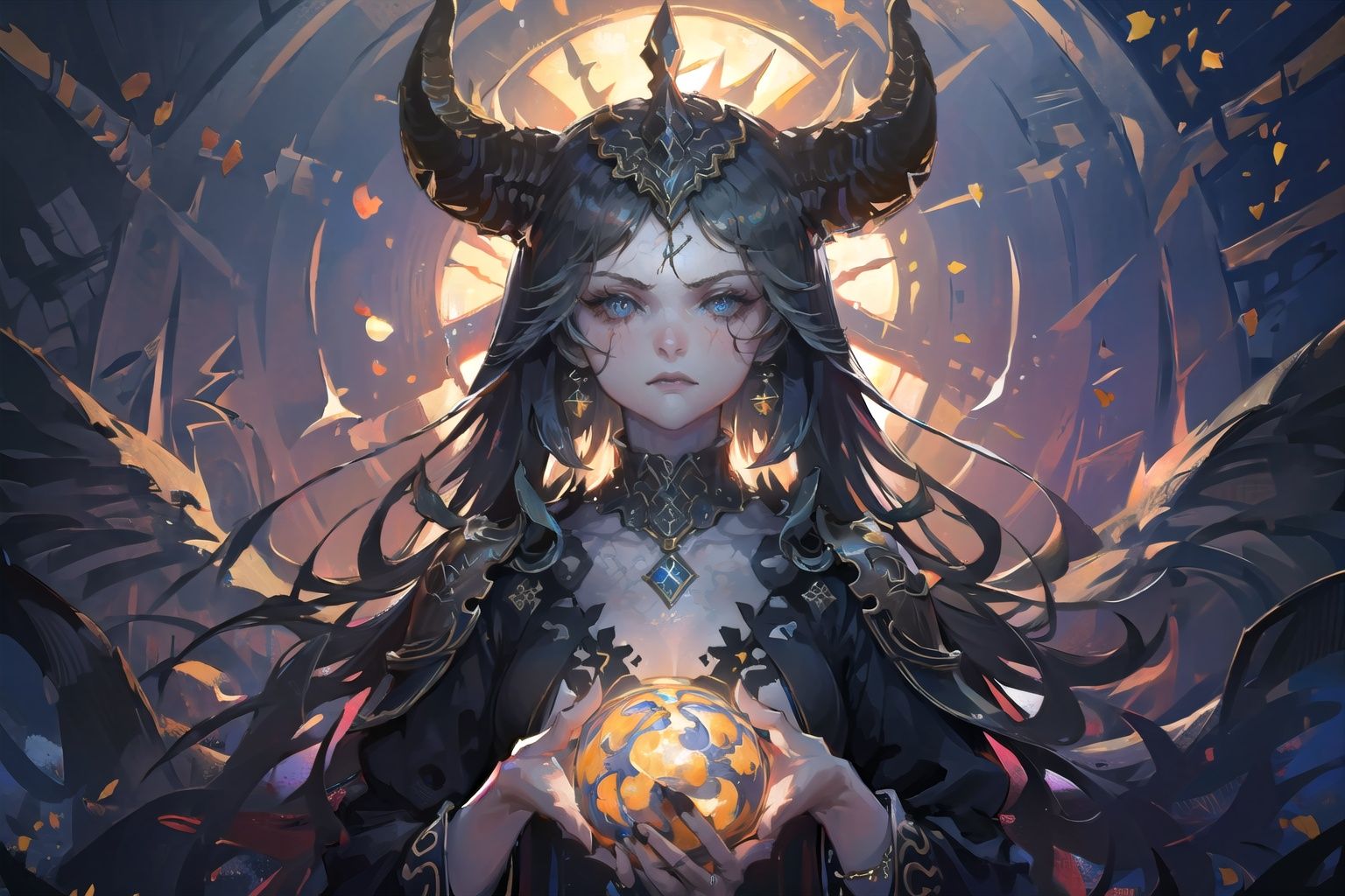  (((masterpiece))), ((extremely detailed CG unity 8k wallpaper)), best quality, high resolution illustration, Amazing, highres, intricate detail, (best illumination, best shadow, an extremely delicate and beautiful),

NYDarkHalloween, horns, 1girl, solo, looking at viewer, blue eyes, holding, jewelry, colored sclera, closed mouth, dragon, upper body, multiple horns, colored skin, pale skin