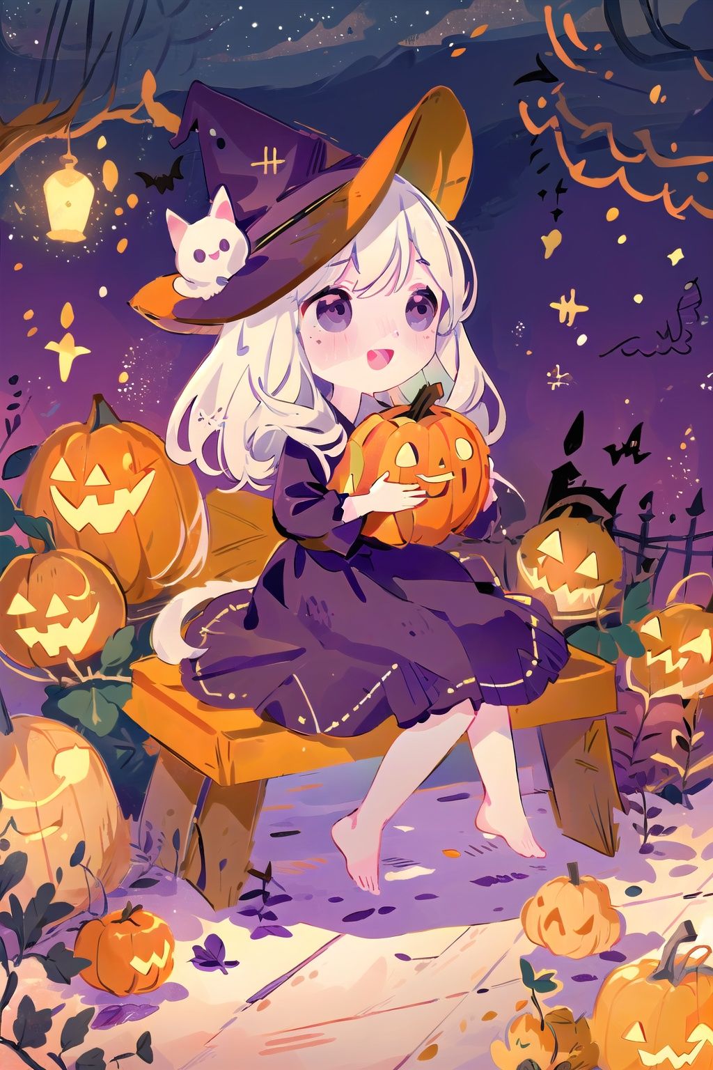  (((masterpiece))), ((extremely detailed CG unity 8k wallpaper)), best quality, high resolution illustration, Amazing, highres, intricate detail, (best illumination, best shadow, an extremely delicate and beautiful),

NYCuteHalloween, 1girl, hat, cat, witch hat, candy, freckles, food, black cat, witch, dress, halloween, smile, pumpkin, open mouth, sitting, outdoors, jack-o'-lantern, black eyes, solo, tree, purple dress, basket, barefoot, purple headwear, blush, night, :d