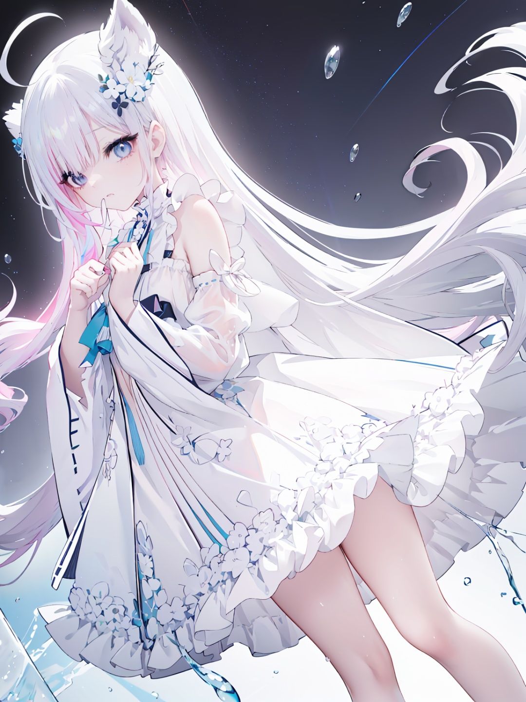(masterpiece),  illustration,  (best quality),  (painting),  (backlighting:1.1),  (Floating bubbles:1.3),  (Beautiful Sky:1.15),  cumulusm\(append\),  ({{sideboob}},  {{extremely detailed eyes}},  {{{{floating and rainbow hair}}}},  {ahoge},  {far from viewer},  {{{extremely detailed body}}},  expressionless,  {ultra detailed},  {big top sleeves},  {{beautiful detailed starry sky}},  {{bare stomach}},  beautiful detailed dress,  {{extremely detailed face}},  {watercolor_medium},  side view,  beautiful detailed hair,  blush,  full body,  princess,  {{bare shoulder}},  {{{{Iridescence and rainbow dress}}}},  {{an extremely delicate and beautiful girl}},  {{8k_wallpaper}},  frills,  {{best quality}},  {{{Iridescence and rainbow hair}}},  dramatic angle,  {{extremely detailed CG}},  loli,  very long rainbow hair,  {{extremely detailed cute anime face}},  {{{extremely detailed sailor dress}}},  looking at viewer,  illustration,  cinmatic lighting,  {Iridescence and rainbow eyes},  {{{masterpiece}}},  Needy Girl Overdose,  fantasy,  tingyun,  cozy animation scenes,  cozy anime:1.2),  (looking at viewer:1.1),  (full body),  solo,  (translucent body:1.15),  expressionless,  (light blue eyes:1.2),  Delicate eyes,  (pink four petal flower hair ornament1.15).(white four petal flower hair ornament1.15),  (flat chested:1.5),  (Nipples:0.85),  Standing position,  (wet body:1.3),  (pony-tail),  messy hair,  (thick hair:1.2),  (very long hair:1.2),  (Floating hair:1.2),  long bangs,  (Silver hair:1.2)(slime skin:1.2),  hood,  hood up,  (slime clothes:1.2),  liquid skin,  melting body,  (White Puff Sleeve Dress:1.2),  cuteloli,  ,  ,  ,  ,  
,  cuteloli, <lora:EMS-7159-EMS:0.500000>, , <lora:EMS-14220-EMS:0.800000>, , <lora:EMS-55565-EMS:0.800000>