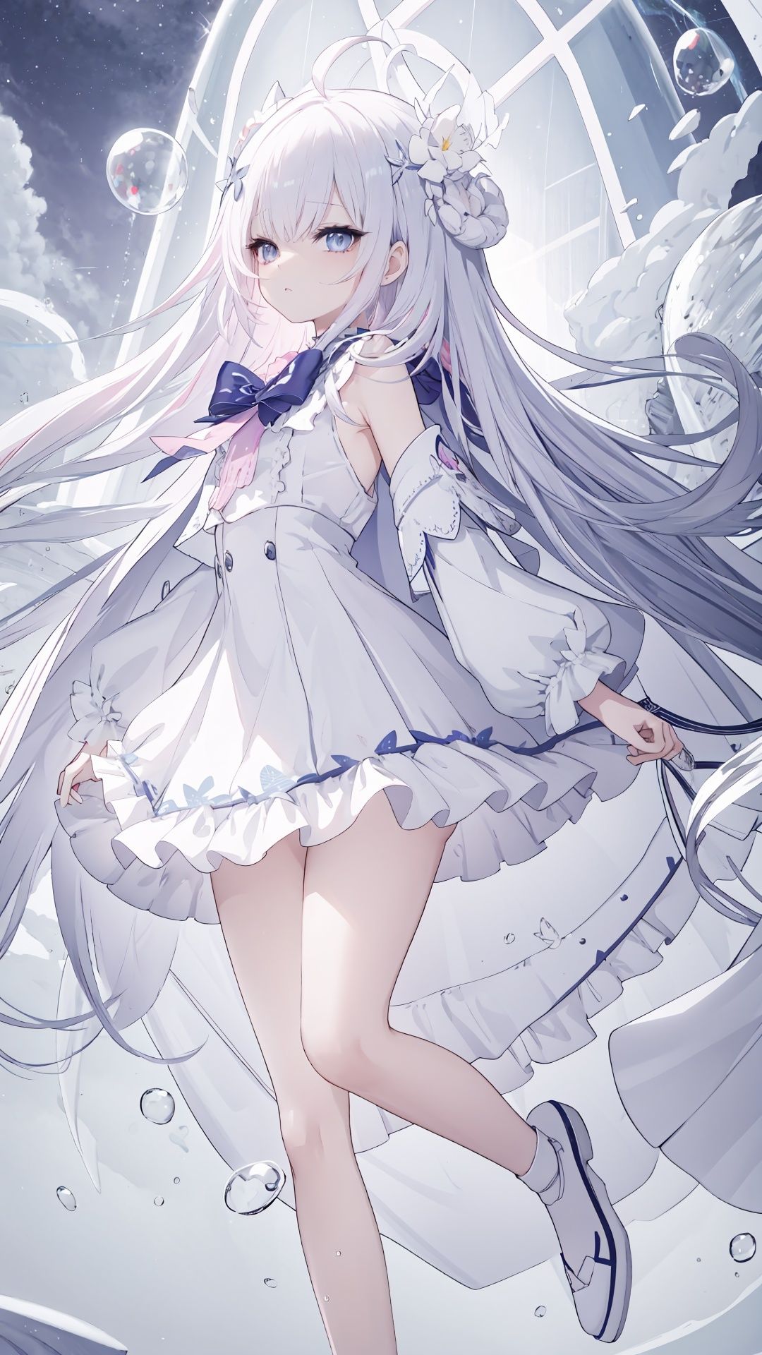 ({{sideboob}},  {{extremely detailed eyes}},  {{{{floating and rainbow hair}}}},  {ahoge},  {far from viewer},  {{{extremely detailed body}}},  expressionless,  {ultra detailed},  {big top sleeves},  {{beautiful detailed starry sky}},  beautiful detailed dress,  {{extremely detailed face}},  {watercolor_medium},  side view,  beautiful detailed hair,  blush,  full body,  princess,  {{bare shoulder}},  {{{{Iridescence and rainbow dress}}}},  ((masterpiece),  illustration,  (best quality),  (painting),  (backlighting:1.1),  (Floating bubbles:1.3),  (Beautiful Sky:1.15),  cumulusm\(append\),  (looking at viewer:1.1),  (full body),  solo,  expressionless,  (light blue eyes:1.2),  Delicate eyes,  (pink four petal flower hair ornament1.15).(white four petal flower hair ornament1.15),  (flat chested:1.5),  Standing position,  (wet body:1.3),  (pony-tail),  messy hair,  (thick hair:1.2),  (very long hair:1.2),  (Floating hair:1.2),  long bangs,  (Silver hair:1.2),  hood,  hood up,  (White Puff Sleeve Dress:1.2),  cuteloli):0.8),  {{8k_wallpaper}},  frills,  {{best quality}},  {{{Iridescence and rainbow hair}}},  dramatic angle,  {{extremely detailed CG}},  loli,  very long rainbow hair,  {{extremely detailed cute anime face}},  {{{extremely detailed sailor dress}}},  looking at viewer,  illustration,  cinmatic lighting,  {Iridescence and rainbow eyes},  {{{masterpiece}}},  Needy Girl Overdose,  fantasy,  tingyun,  cozy animation scenes,  cozy anime)