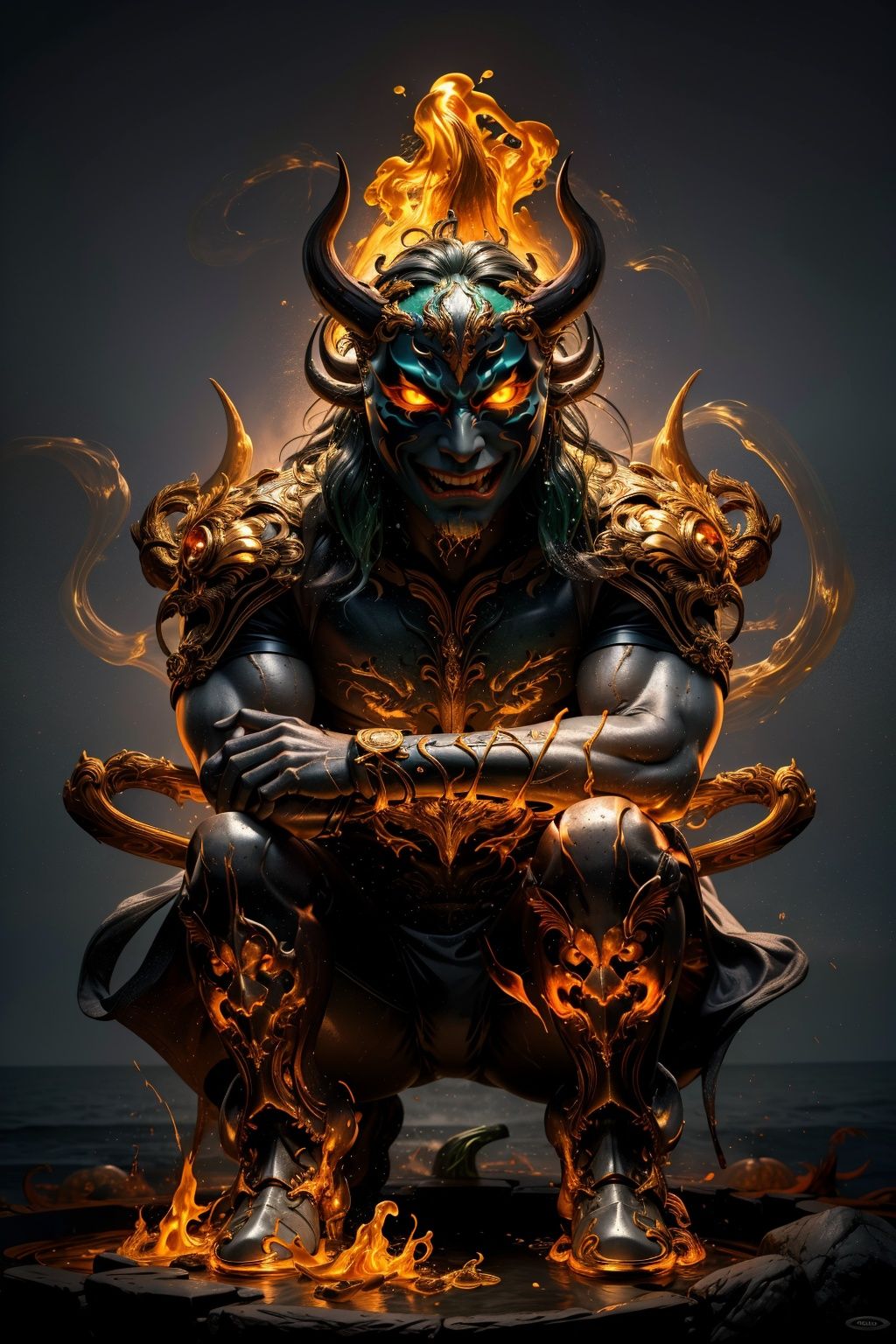 ((best)),  8k,  Ultra HD,  ((Masterpiece)),  bright,  high quality,  realistic,  solo,  colored lead painting,  GoldStyle,  Monkey King,  crouching down smiling open mouth,  bare legs,  gray,  flame background,  shorts,  T-shirt,  fangs,  watery eyes,  (glowing eyes),  (splashing background),  horns,  chest,  Thunderflower,  jyy-hd,  md-hd,  green design, (pumpkin mask:1.33), <lora:EMS-50752-EMS:0.400000>, , <lora:EMS-52287-EMS:0.500000>, , <lora:EMS-13709-EMS:0.500000>, , <lora:EMS-64325-EMS:1.000000>