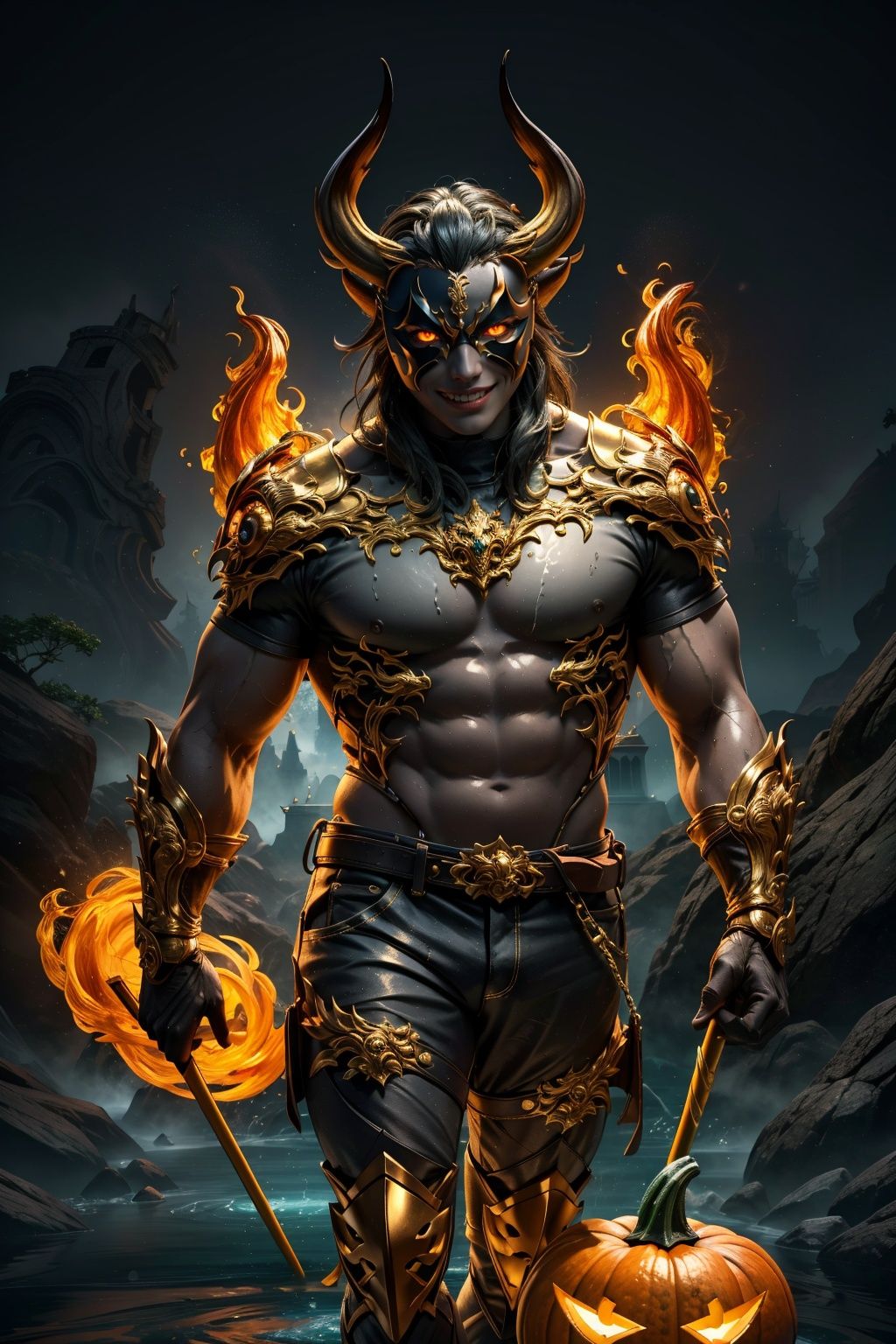 ((best)),  8k,  Ultra HD,  ((Masterpiece)),  bright,  high quality,  realistic,  solo,  colored lead painting,  GoldStyle,  Monkey King,  Smiling mouth,  brandishing golden staff,  bare legs,  gray,  flame background,  shorts,  T-shirt,  fangs,  water eyes,  (glowing eyes),  (splashing background),  horns,  chest,  Thunderflower,  jyy-hd,  md-hd,  green design,  (Pumpkin Mask :1.33), <lora:EMS-50752-EMS:0.400000>, , <lora:EMS-52287-EMS:0.500000>, , <lora:EMS-13709-EMS:0.500000>, , <lora:EMS-64325-EMS:1.000000>