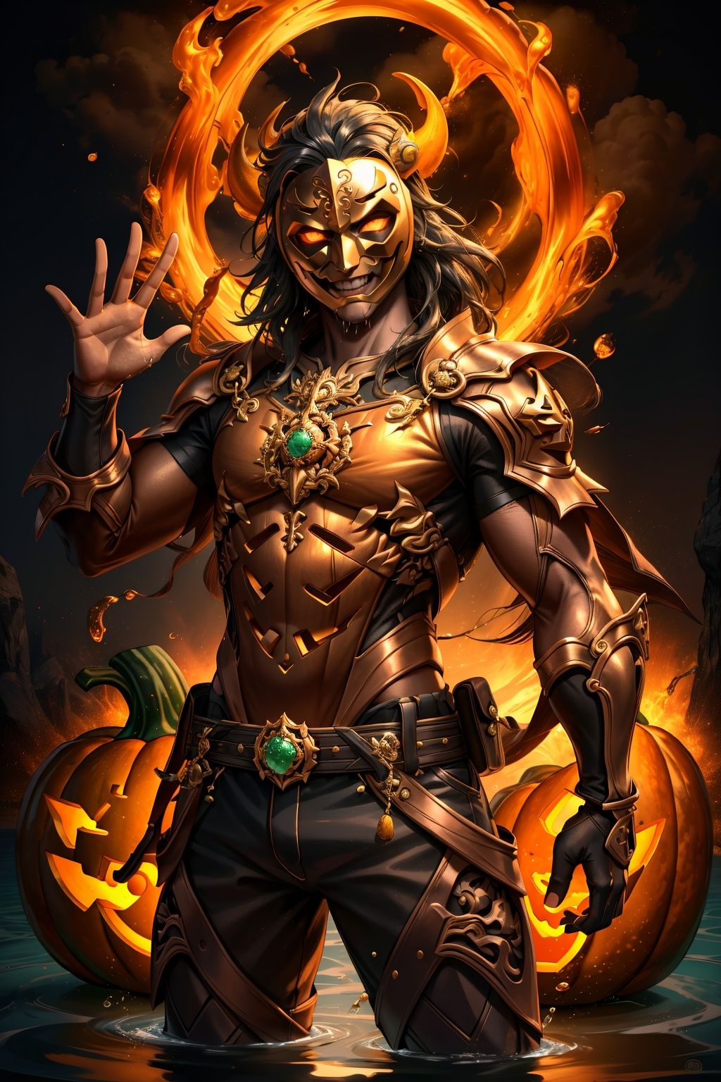 ((best)),  8k,  Ultra HD,  ((Masterpiece)),  bright,  high quality,  realistic,  solo,  colored lead painting,  GoldStyle,  Monkey King,  Smiling mouth,  Air,  waving golden wand,  Flame background,  Shorts,  T-shirt,  fangs,  Water eyes,  (Glowing eyes),  (splashing background),  horns,  Chest,  Thunderflower,  jyy-hd,  md-hd,  green design,  (Pumpkin Mask :1.33), <lora:EMS-52287-EMS:0.500000>, , <lora:EMS-13709-EMS:0.500000>, , <lora:EMS-64325-EMS:1.000000>, , <lora:EMS-50752-EMS:0.400000>