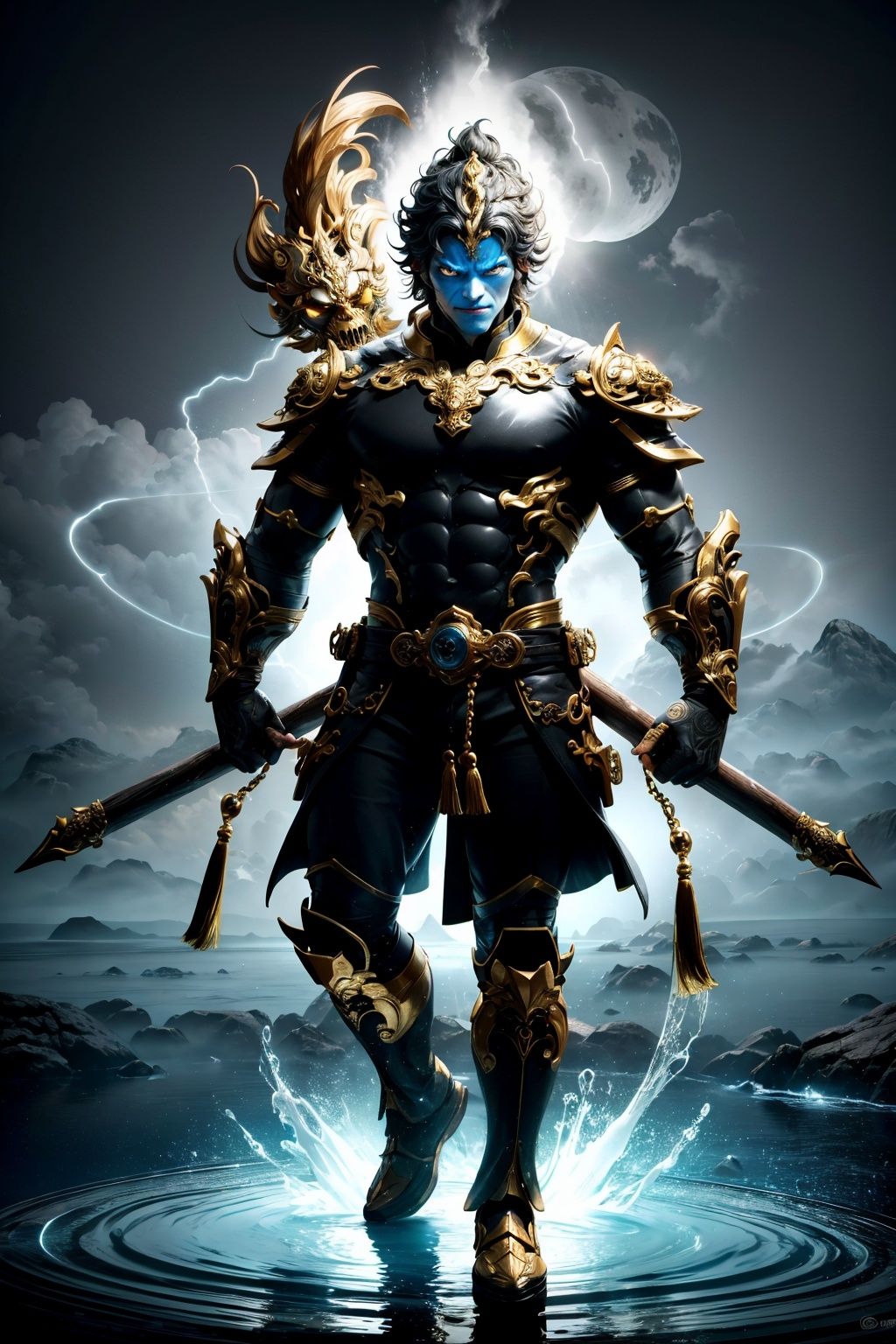 Wild angle view,  full body shot,  The young man is adorned with a golden ring on his head and brandish a long golden stick,  dressed as the legendary character Sun Wukong from the classic Chinesenovel Journey to the West,  full body shot,  with a delicate face,  watery eyes,  in the style of fantastical otherworldly visions,  Neo - futurist hybrid creatures by Tony diterlizzi,  genndy tartakovsky,  emil melmoth,  mind - bending patterns,  strong contrast,  chiaroscuro,  paul pelletier,  natural volumetric,  depth of feld,  Award - winning core photorealistic,  dreamy,  high defnition,  detailed intricate,  Unreal Engine,  8k,  super detail,  blender,  C4D, <lora:EMS-50752-EMS:0.400000>, , <lora:EMS-52287-EMS:0.500000>, , <lora:EMS-13709-EMS:0.500000>, , <lora:EMS-64325-EMS:0.900000>