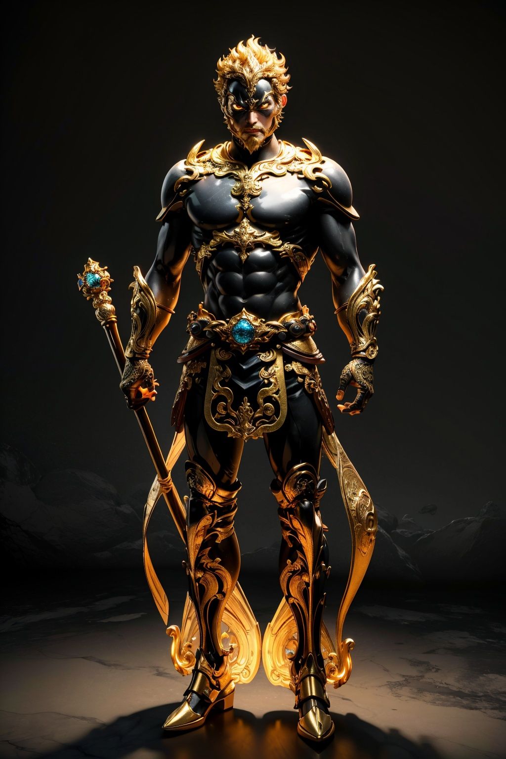 Wild angle view,  full body shot,  The young man is adorned with a golden ring on his head and brandish a long golden stick,  dressed as the legendary character Sun Wukong from the classic Chinesenovel Journey to the West,  full body shot,  with a delicate face,  watery eyes,  in the style of fantastical otherworldly visions,  Neo - futurist hybrid creatures by Tony diterlizzi,  genndy tartakovsky,  emil melmoth,  mind - bending patterns,  strong contrast,  chiaroscuro,  paul pelletier,  natural volumetric,  depth of feld,  Award - winning core photorealistic,  dreamy,  high defnition,  detailed intricate,  Unreal Engine,  8k,  super detail,  blender,  C4D, <lora:EMS-50752-EMS:0.400000>, , <lora:EMS-52287-EMS:0.500000>, , <lora:EMS-13709-EMS:0.500000>, , <lora:EMS-64325-EMS:0.900000>