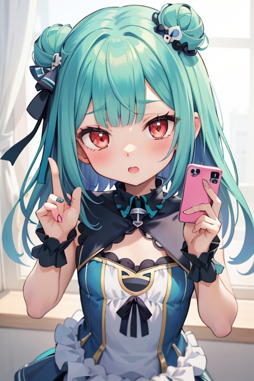 1girl,  anime girl with green hair and blue dress holding a cell phone,  anime girl with teal hair on Tensor.Art