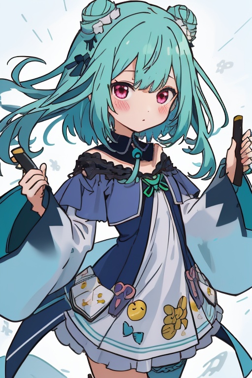 1girl,  anime girl with green hair and blue dress holding a knife,  anime girl with teal hair on Tensor.Art
