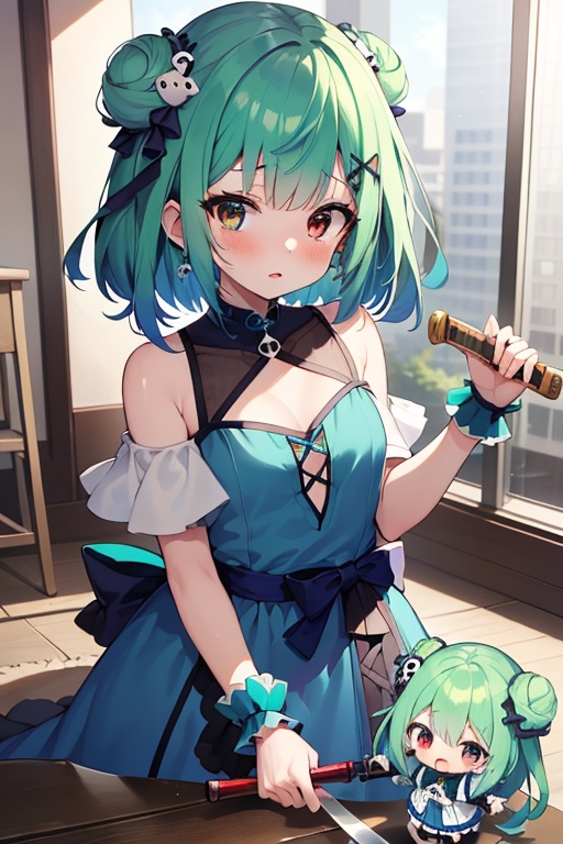 1girl,  anime girl with green hair and blue dress holding a knife,  anime girl with teal hair on Tensor.Art