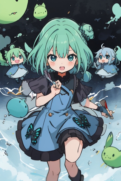 1girl,  anime girl with green hair and blue dress holding a knife,  anime girl with teal hair on Tensor.Art