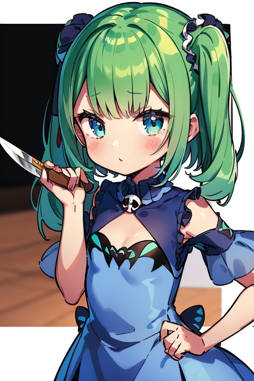 1girl,  anime girl with green hair and blue dress holding a knife,  anime girl with teal hair on Tensor.Art