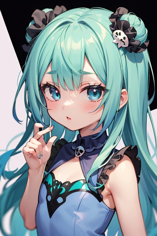1girl,  anime girl with green hair and blue dress holding a cell phone,  anime girl with teal hair on Tensor.Art