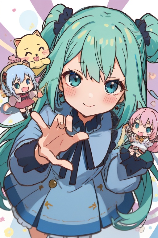 1girl,  anime girl with green hair and blue dress holding a cell phone,  anime girl with teal hair on Tensor.Art