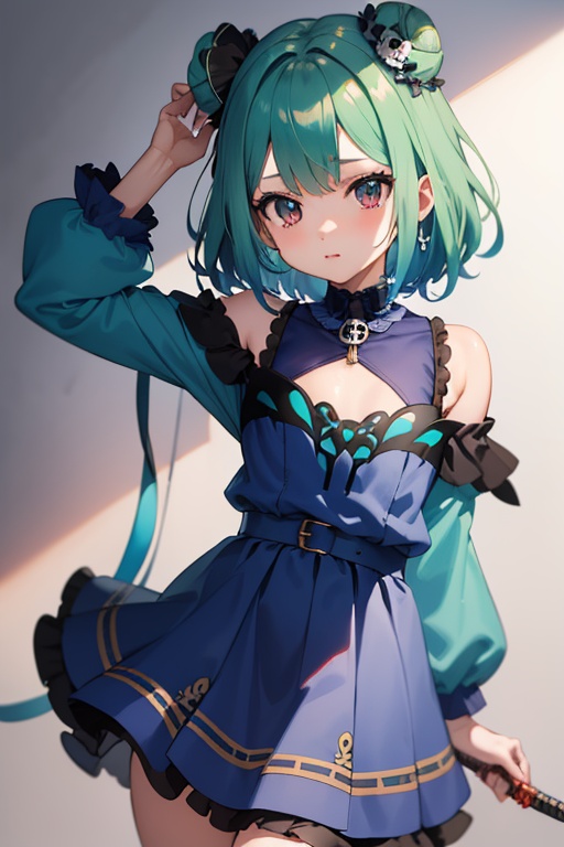 1girl,  anime girl with green hair and blue dress holding a knife,  anime girl with teal hair on Tensor.Art