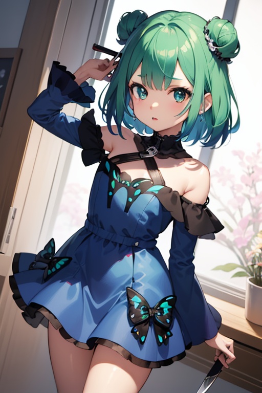 1girl,  anime girl with green hair and blue dress holding a knife,  anime girl with teal hair on Tensor.Art