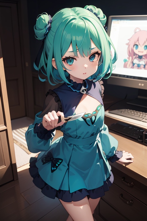 1girl,  anime girl with green hair and blue dress holding a knife,  anime girl with teal hair on Tensor.Art