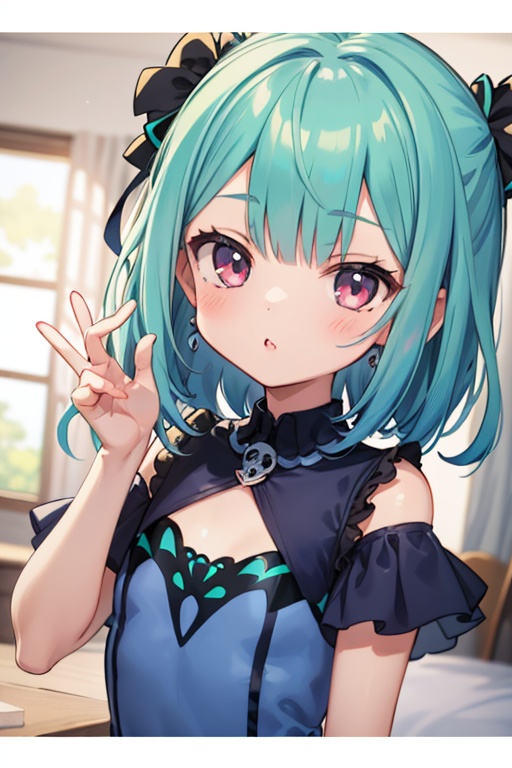 1girl,  anime girl with green hair and blue dress,  anime girl with teal hair on Tensor.Art