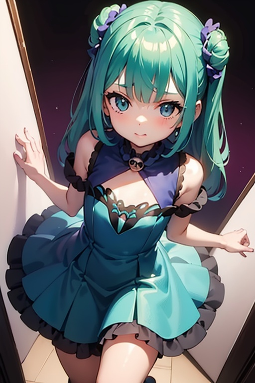 1girl,  anime girl with green hair and blue dress holding a cell phone,  anime girl with teal hair on Tensor.Art