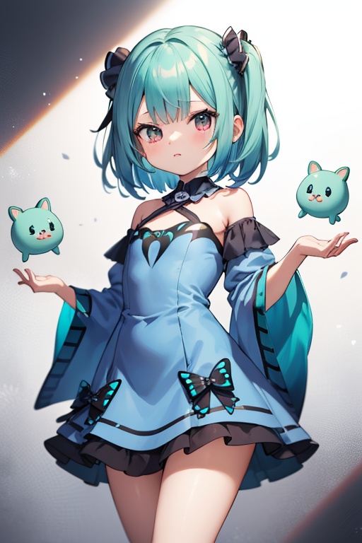 1girl,  anime girl with green hair and blue dress,  anime girl with teal hair on Tensor.Art