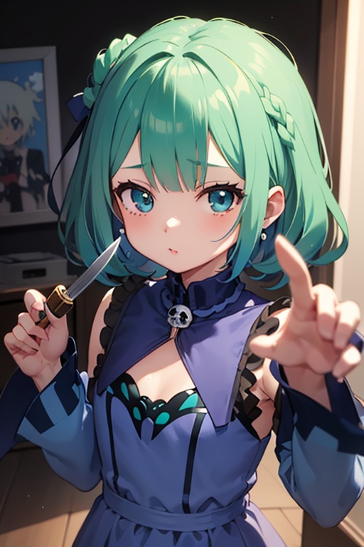 1girl,  anime girl with green hair and blue dress holding a knife,  anime girl with teal hair on Tensor.Art
