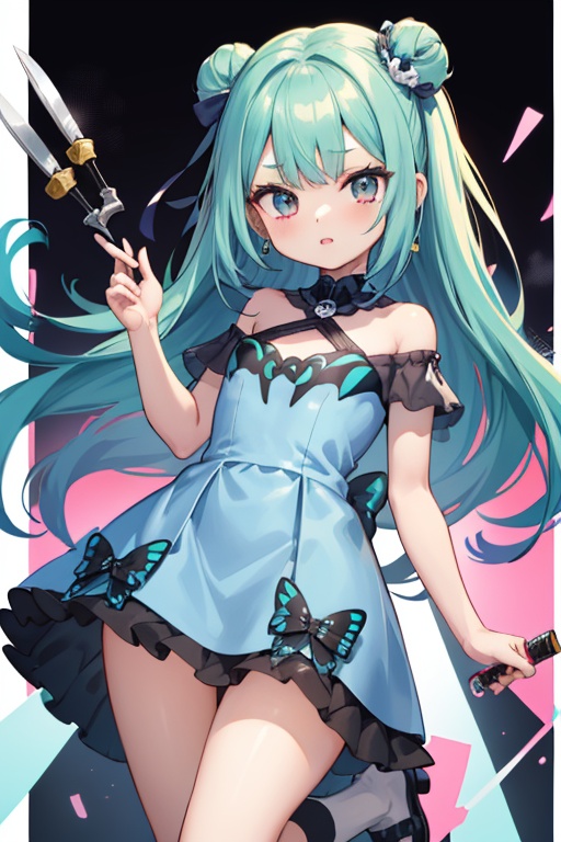 1girl,  anime girl with green hair and blue dress holding a knife,  anime girl with teal hair on Tensor.Art