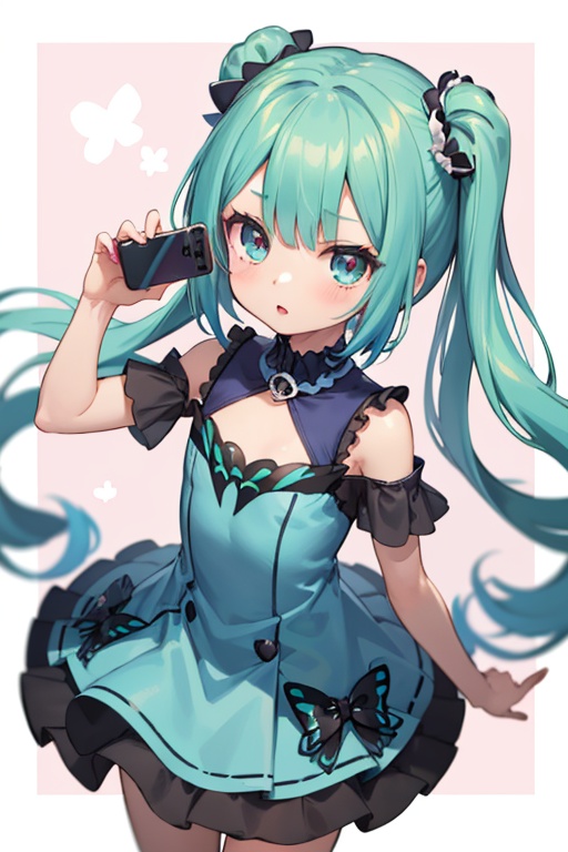 1girl,  anime girl with green hair and blue dress holding a cell phone,  anime girl with teal hair on Tensor.Art