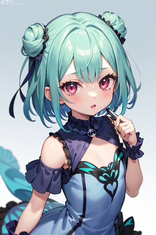1girl,  anime girl with green hair and blue dress holding a knife,  anime girl with teal hair on Tensor.Art