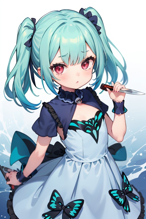 1girl,  anime girl with green hair and blue dress holding a knife,  anime girl with teal hair on Tensor.Art