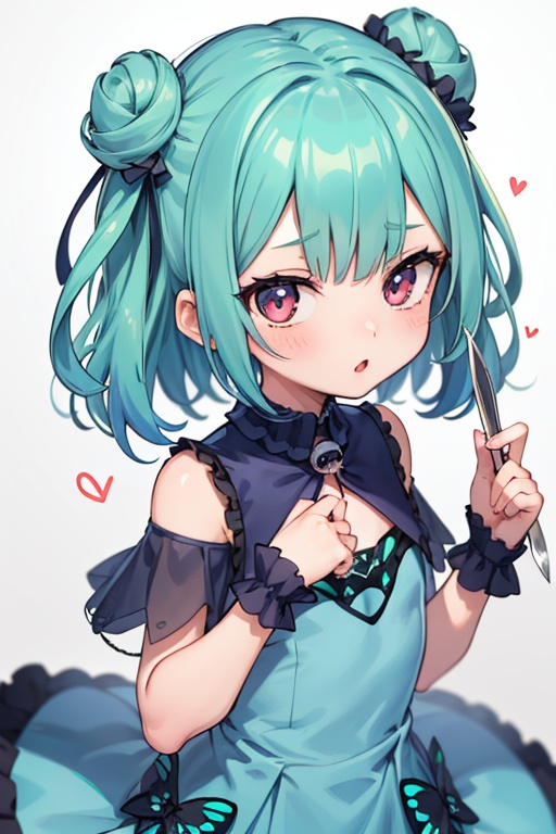 1girl,  anime girl with green hair and blue dress holding a knife,  anime girl with teal hair on Tensor.Art