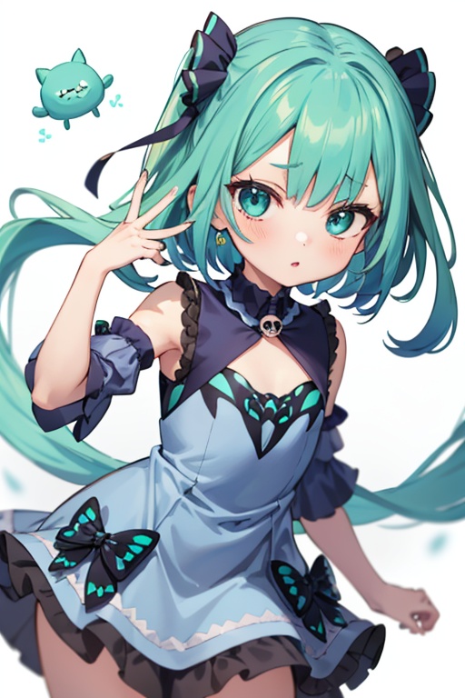 1girl,  anime girl with green hair and blue dress holding a cell phone,  anime girl with teal hair on Tensor.Art