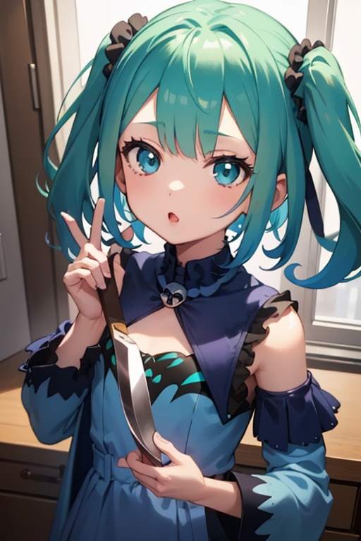 1girl,  anime girl with green hair and blue dress holding a knife,  anime girl with teal hair on Tensor.Art