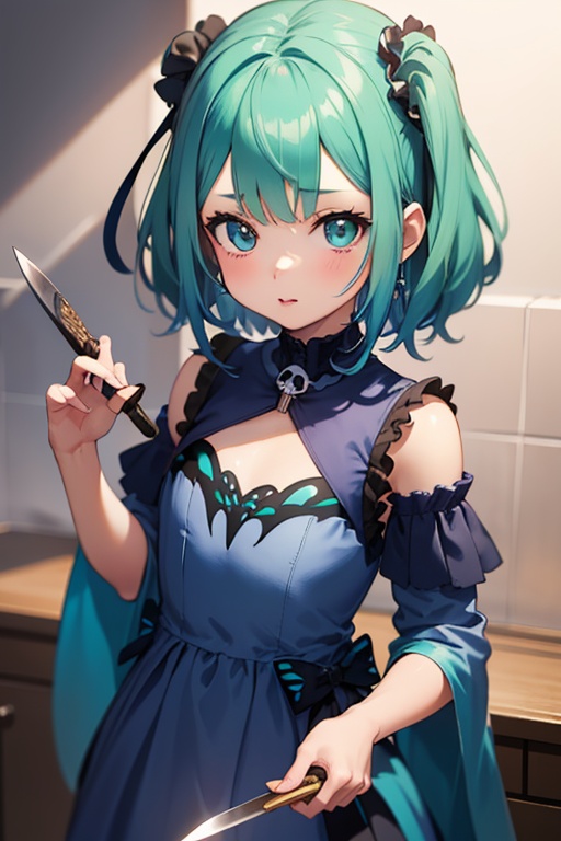 1girl,  anime girl with green hair and blue dress holding a knife,  anime girl with teal hair on Tensor.Art