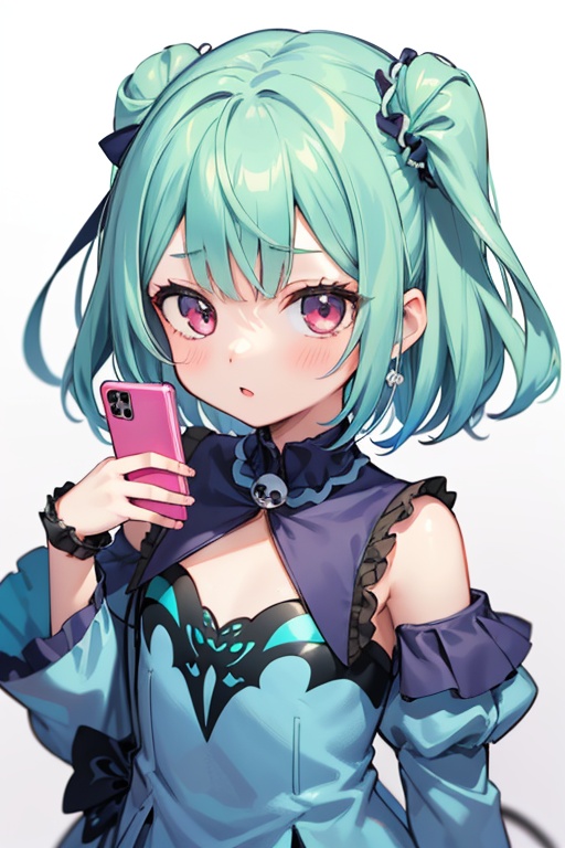 1girl,  anime girl with green hair and blue dress holding a cell phone,  anime girl with teal hair on Tensor.Art