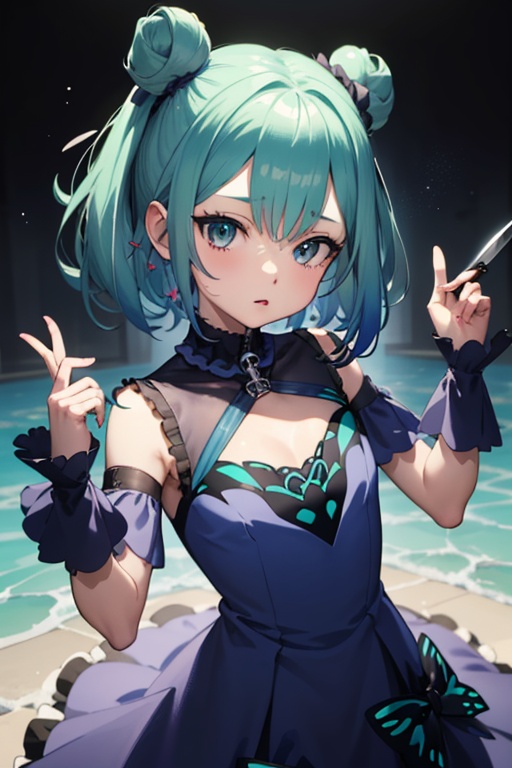 1girl,  anime girl with green hair and blue dress holding a knife,  anime girl with teal hair on Tensor.Art