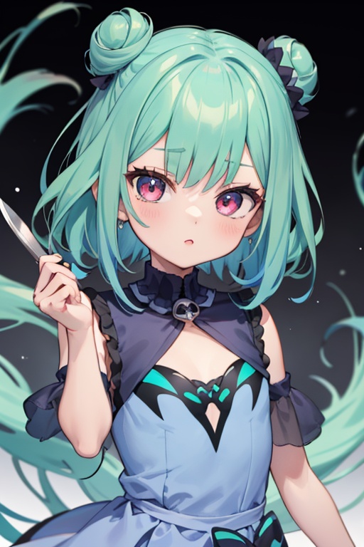 1girl,  anime girl with green hair and blue dress holding a knife,  anime girl with teal hair on Tensor.Art