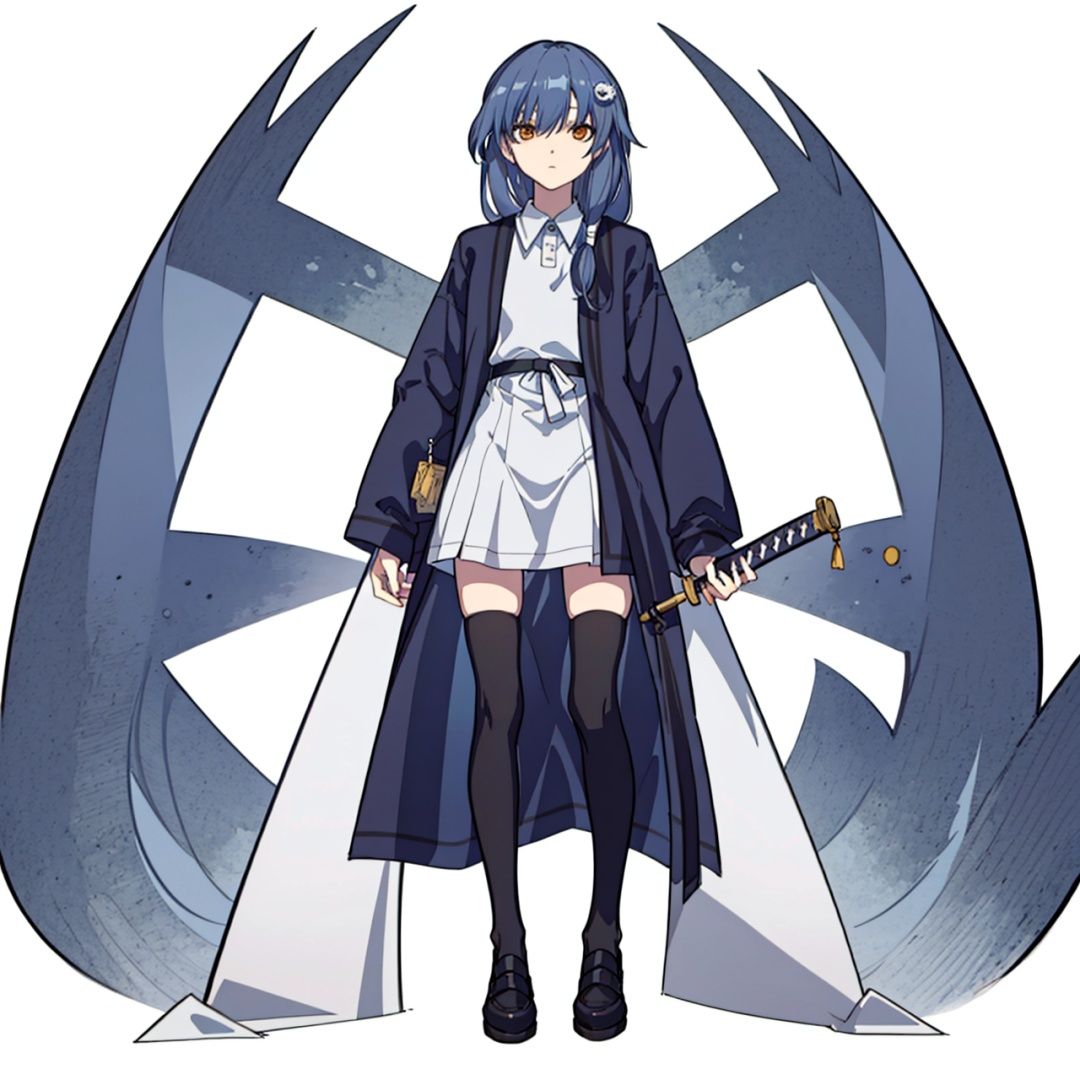 (masterpiece:1.3),(the best quality:1.2),(super fine illustrations:1.2),(Masterpiece),high quality,high detail,(white background:1.2),looking at viewer,(SOLO:1.4),outline,simple background,, black hair,jilin,holding weapon,long sleeves,chinese clothes,sword,thighhighs,weapon,brown eyes,headdress,crown,hair ornament,long hair,bracelet,jewelry,wide sleeves,