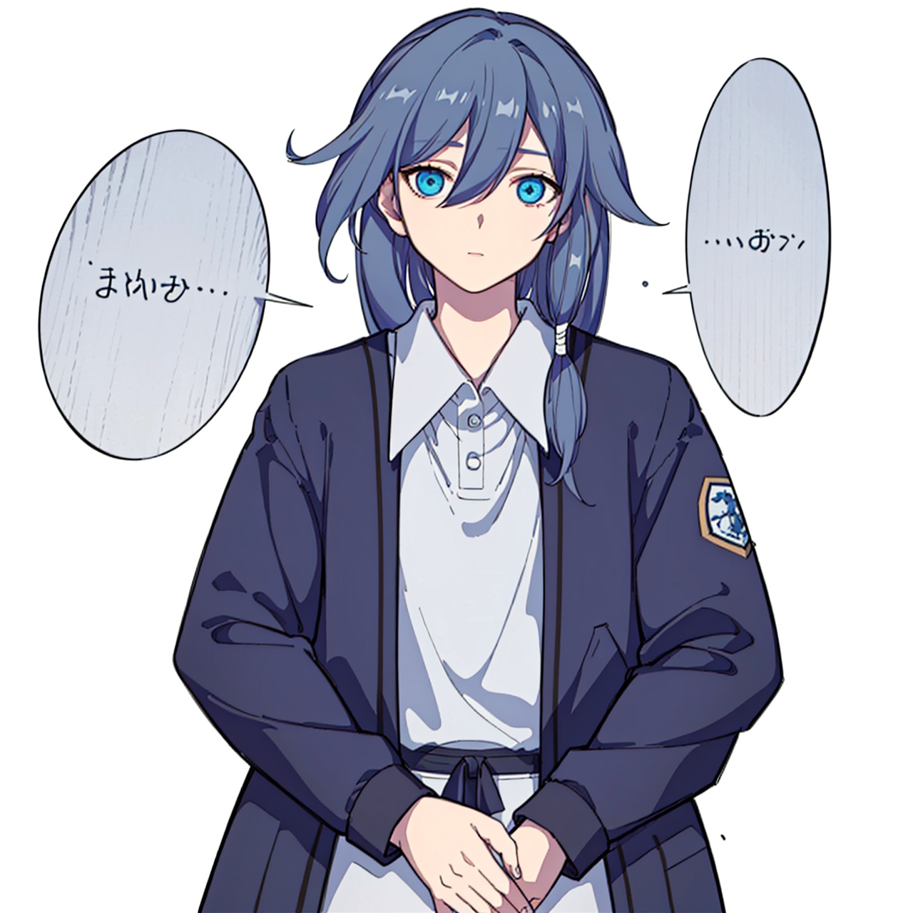  (masterpiece:1.3),(the best quality:1.2),(super fine illustrations:1.2),(Masterpiece),high quality,high detail,(white background:1.2),looking at viewer,(SOLO:1.4),outline,simple background,long hair,short sleeves,white sailor collar,collared shirt,fu hua,hair flaps,(((jacket))),white shirt,blue eyes,hair between eyes,shirt,