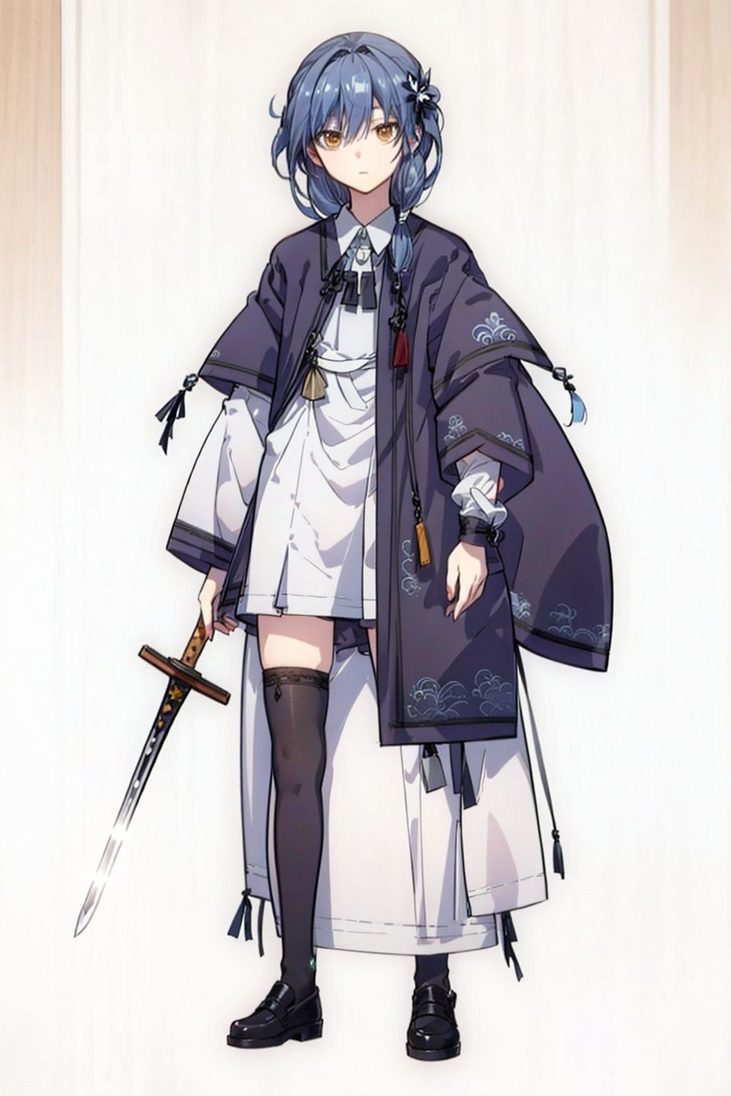(masterpiece:1.3),(the best quality:1.2),(super fine illustrations:1.2),(Masterpiece),high quality,high detail,(white background:1.2),looking at viewer,(SOLO:1.4),outline,simple background,, black hair,jilin,holding weapon,long sleeves,chinese clothes,sword,thighhighs,weapon,brown eyes,headdress,crown,hair ornament,long hair,bracelet,jewelry,wide sleeves,