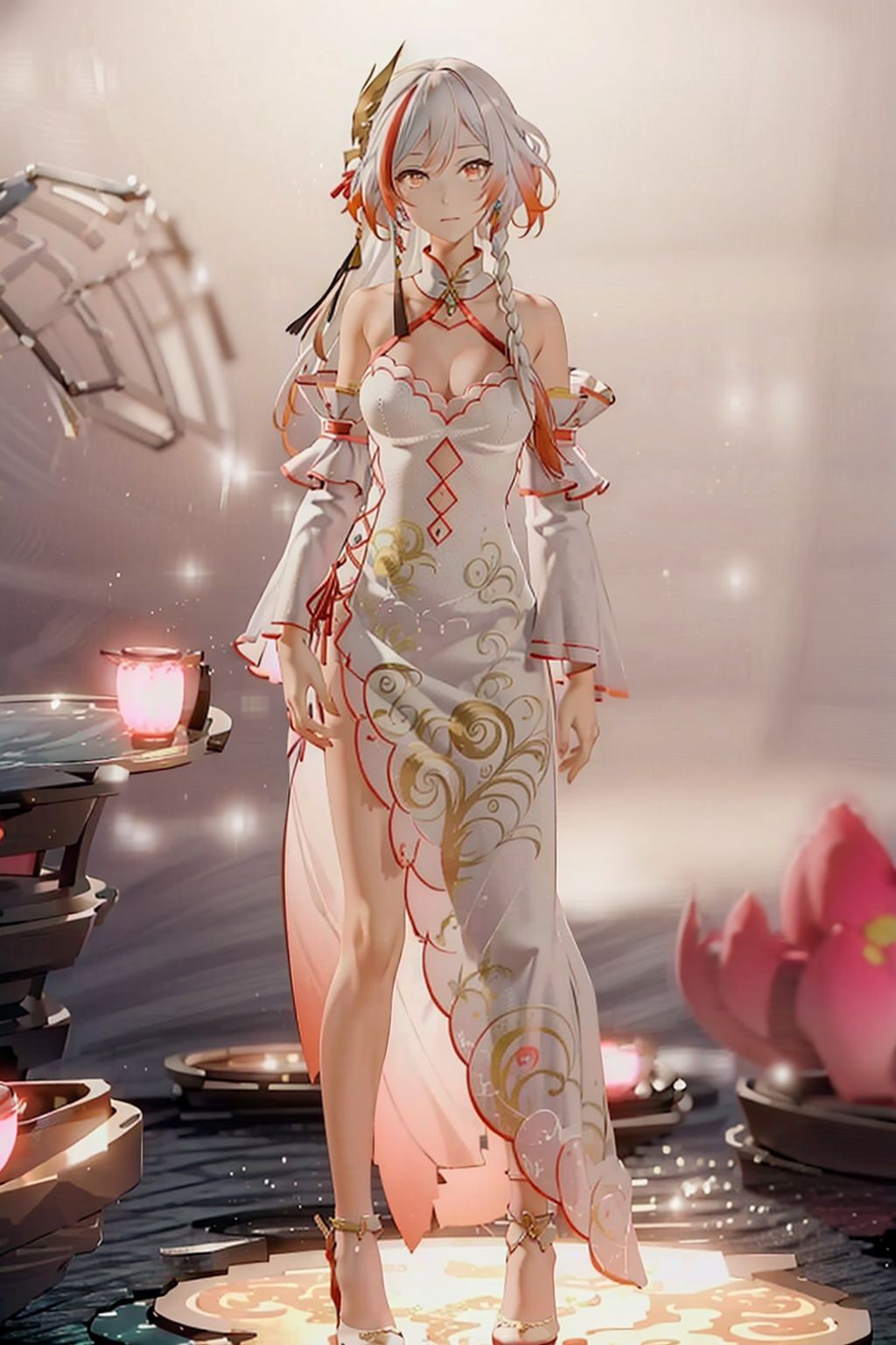 (masterpiece:1.3),(the best quality:1.2),(super fine illustrations:1.2),(Masterpiece),high quality,high detail,(white background:1.2),looking at viewer,(SOLO:1.4),outline,simplebackground,, jewelry,high heels,long hair,multicolored hair,detached sleeves,dress,red hair,fu hua,bare shoulders,long sleeves,hair between eyes,wide sleeves,red eyes,gem,bangs,white dress,hair ornament,braid,streaked hair,china dress,very long hair,white hair,chinese clothes,