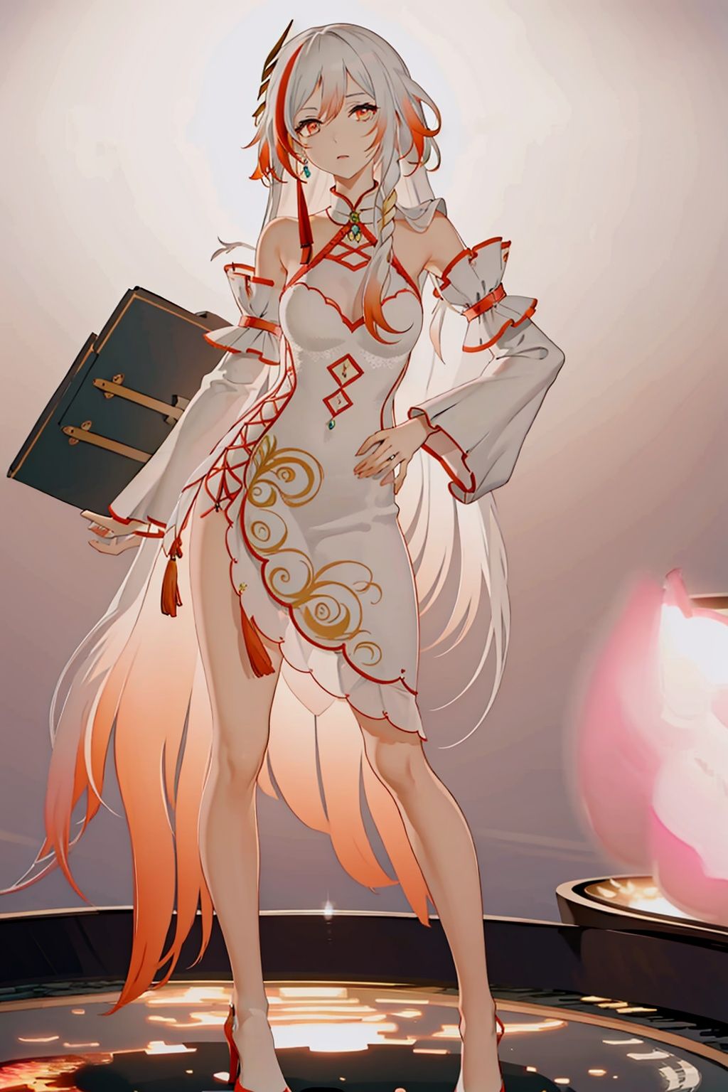 (masterpiece:1.3),(the best quality:1.2),(super fine illustrations:1.2),(Masterpiece),high quality,high detail,(white background:1.2),looking at viewer,(SOLO:1.4),outline,simplebackground,, jewelry,high heels,long hair,multicolored hair,detached sleeves,dress,red hair,fu hua,bare shoulders,long sleeves,hair between eyes,wide sleeves,red eyes,gem,bangs,white dress,hair ornament,braid,streaked hair,china dress,very long hair,white hair,chinese clothes,