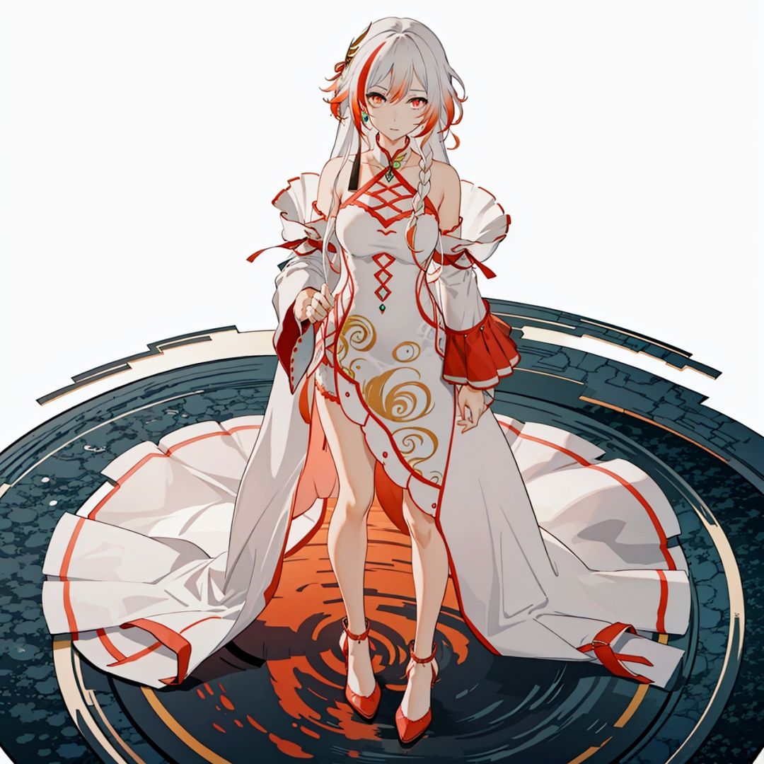 (masterpiece:1.3),(the best quality:1.2),(super fine illustrations:1.2),(Masterpiece),high quality,high detail,(white background:1.2),looking at viewer,(SOLO:1.4),outline,simplebackground,, jewelry,high heels,long hair,multicolored hair,detached sleeves,dress,red hair,fu hua,bare shoulders,long sleeves,hair between eyes,wide sleeves,red eyes,gem,bangs,white dress,hair ornament,braid,streaked hair,china dress,very long hair,white hair,chinese clothes,