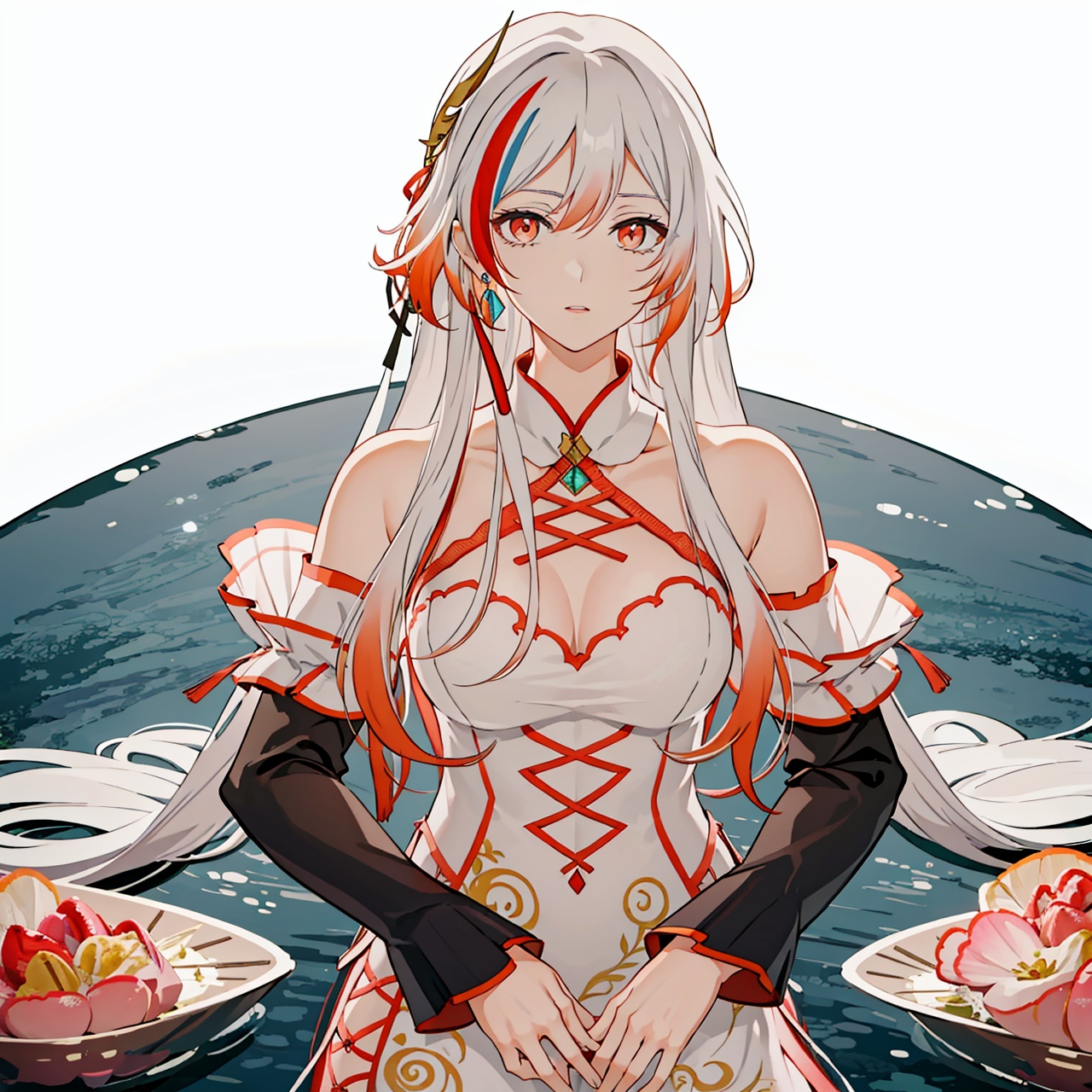  (masterpiece:1.3),(the best quality:1.2),(super fine illustrations:1.2),(Masterpiece),high quality,high detail,(white background:1.2),looking at viewer,(SOLO:1.4),outline,simplebackground,, jewelry,high heels,long hair,multicolored hair,detached sleeves,dress,red hair,fu hua,bare shoulders,long sleeves,hair between eyes,wide sleeves,red eyes,gem,bangs,white dress,hair ornament,braid,streaked hair,china dress,very long hair,white hair,chinese clothes,