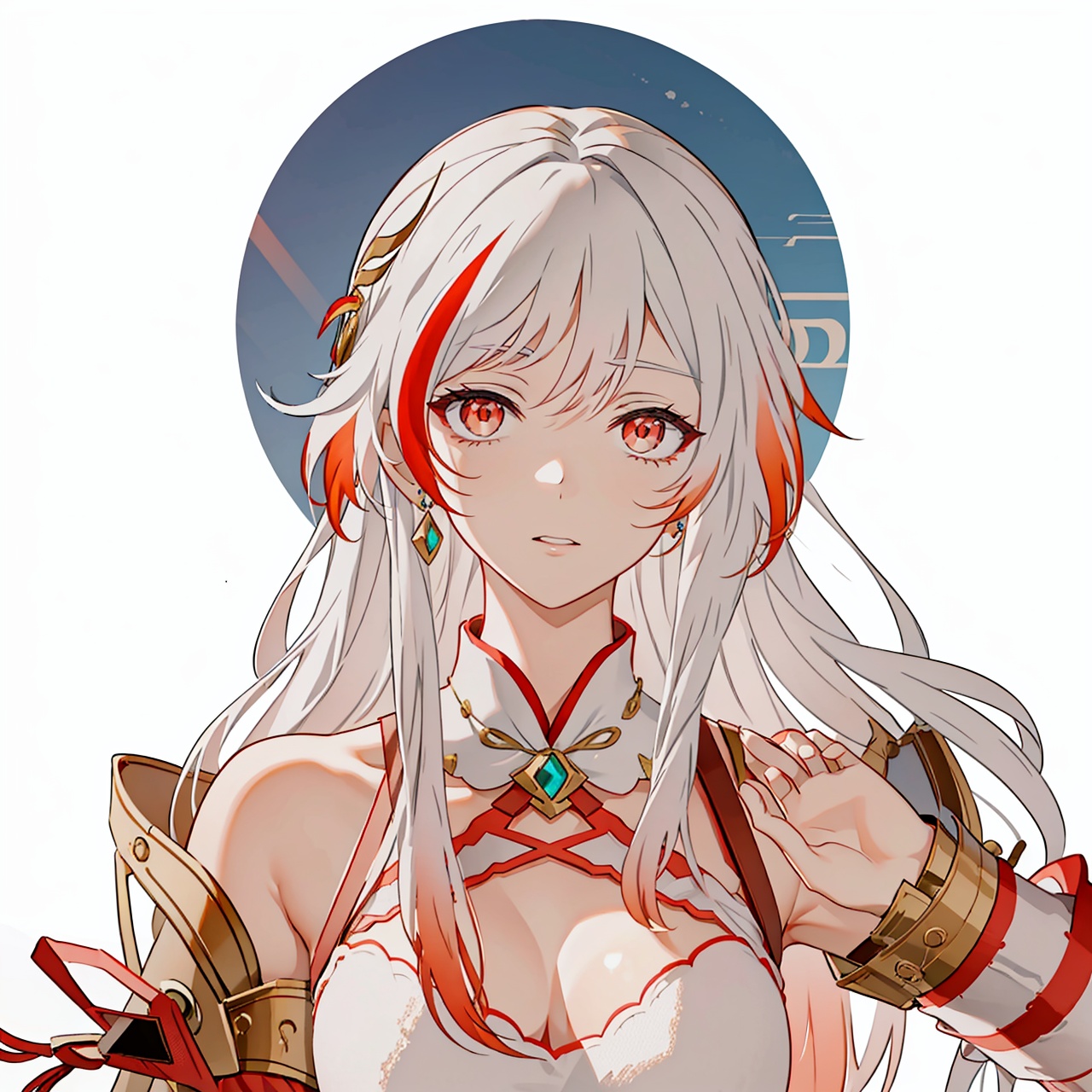  (masterpiece:1.3),(the best quality:1.2),(super fine illustrations:1.2),(Masterpiece),high quality,high detail,(white background:1.2),looking at viewer,(SOLO:1.4),outline,simplebackground,, jewelry,high heels,long hair,multicolored hair,detached sleeves,dress,red hair,fu hua,bare shoulders,long sleeves,hair between eyes,wide sleeves,red eyes,gem,bangs,white dress,hair ornament,braid,streaked hair,china dress,very long hair,white hair,chinese clothes,