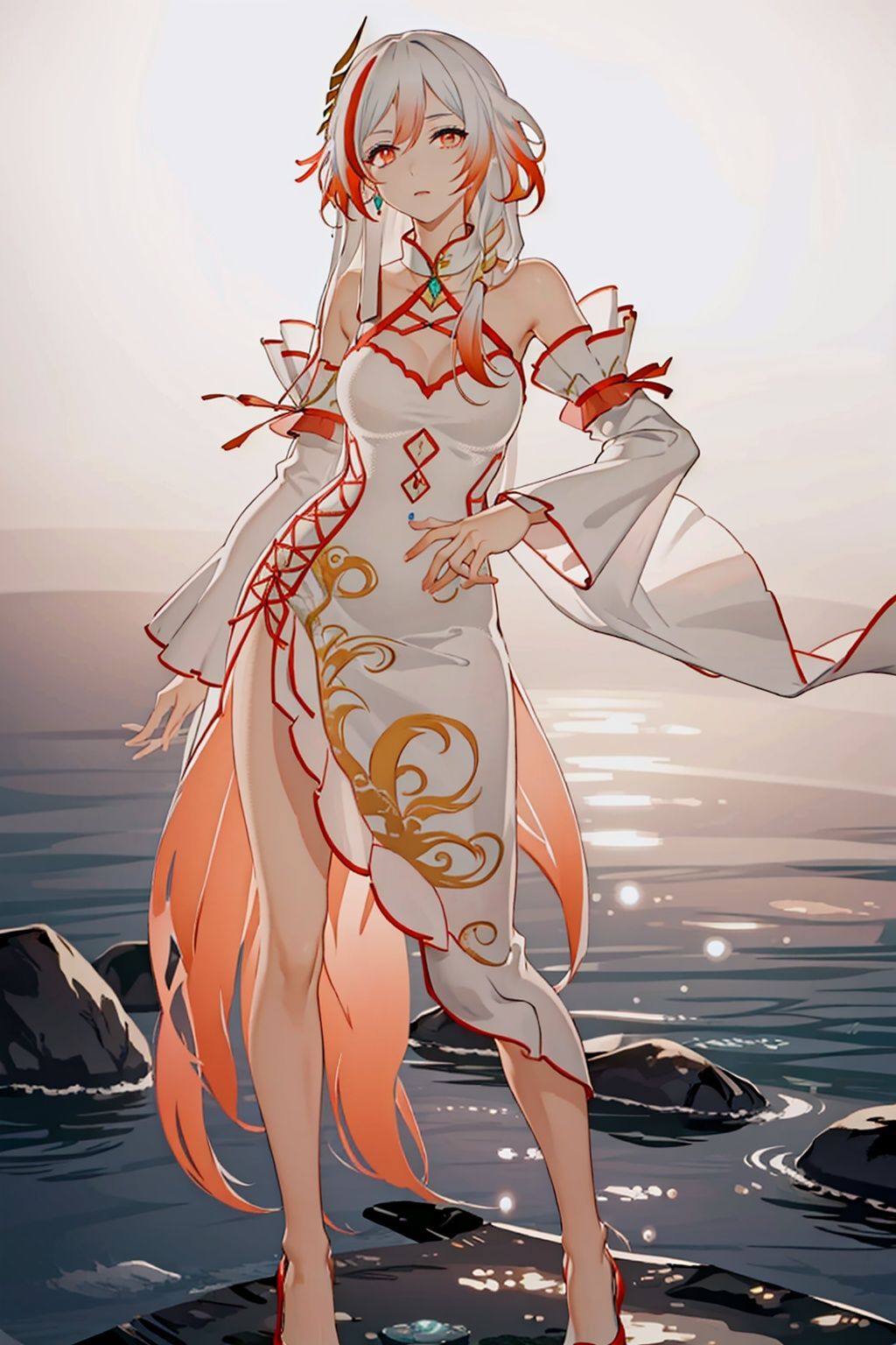 (masterpiece:1.3),(the best quality:1.2),(super fine illustrations:1.2),(Masterpiece),high quality,high detail,(white background:1.2),looking at viewer,(SOLO:1.4),outline,simplebackground,, jewelry,high heels,long hair,multicolored hair,detached sleeves,dress,red hair,fu hua,bare shoulders,long sleeves,hair between eyes,wide sleeves,red eyes,gem,bangs,white dress,hair ornament,braid,streaked hair,china dress,very long hair,white hair,chinese clothes,